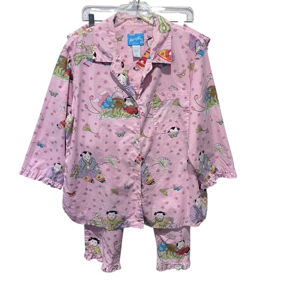 Nick and Nora Womens Sleepwear Pajama Set Pink Geisha Butterfly Print Cotton XL - Picture 1 of 16